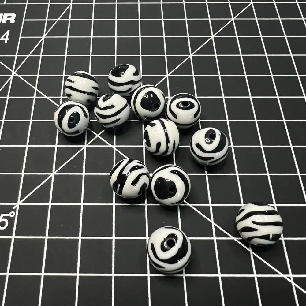 Lot of 12 Black & White Zebra Stripe Round Beads | Jewelry Making Supplies